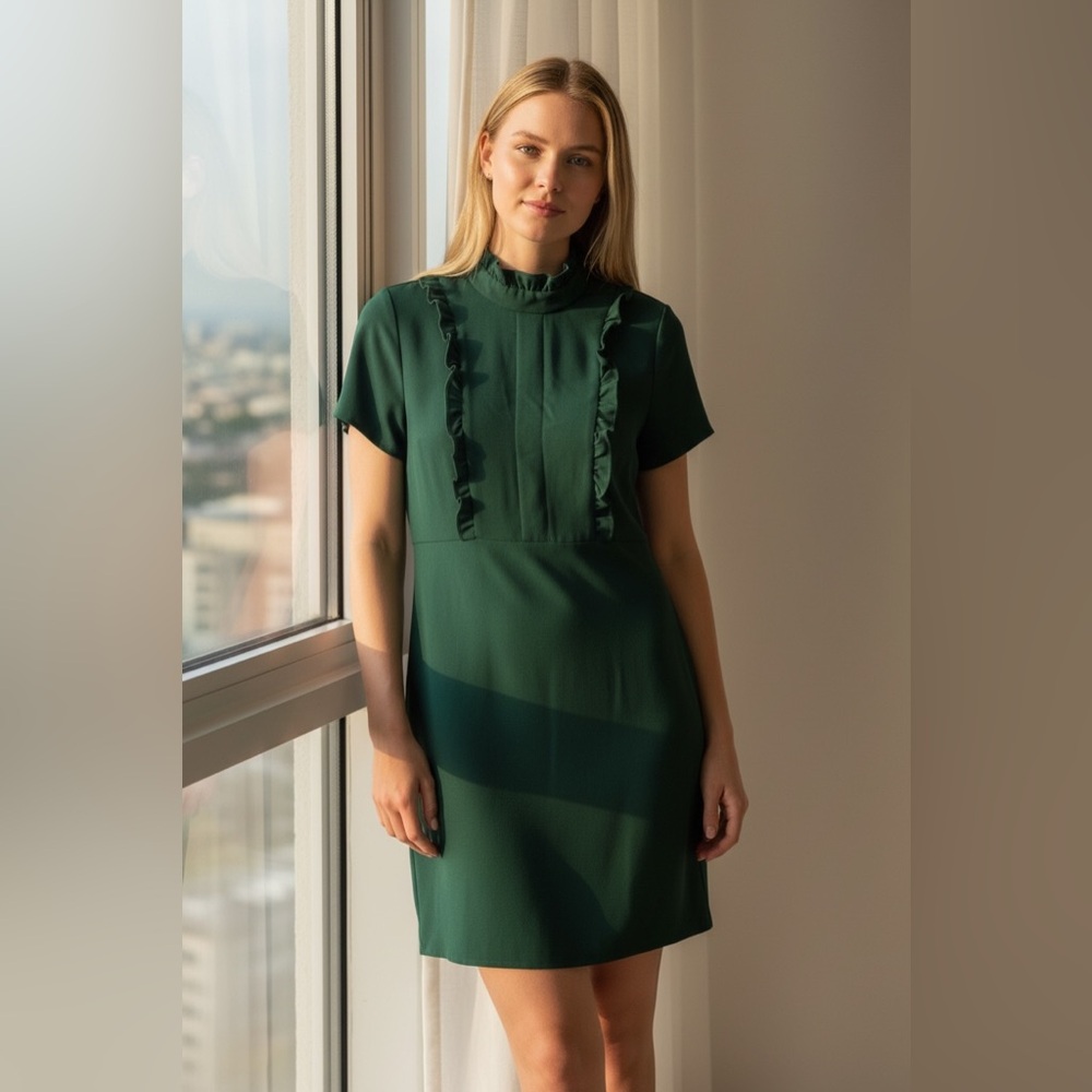Zara Forest Green High Neck Ruffle Trim Short Sleeve Mini Dress Size Small